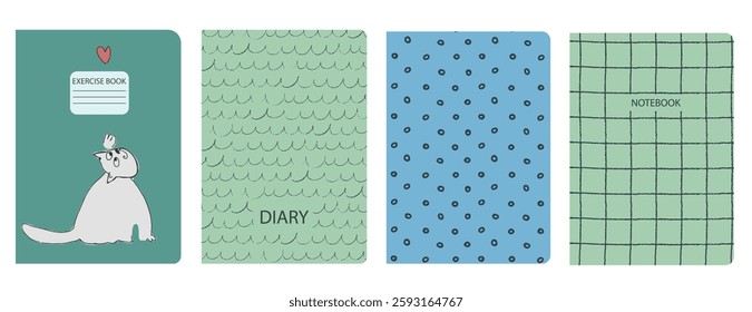 Set of cover page templates with hand drawn cat. Based on seamless patterns. Headers isolated and replaceable. Perfect for notebooks, notepads, diaries, etc