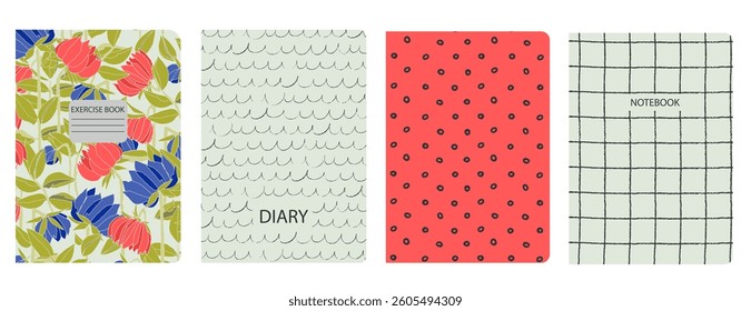 Set of cover page templates with hand drawn flowers, branches, leaves. Based on seamless patterns. Backgrounds for notebooks, notepads, diaries. Headers isolated and replaceable