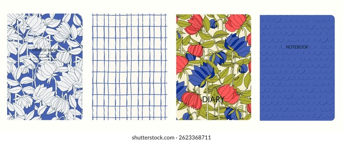 Set of cover page templates with hand drawn flowers, branches, leaves. Based on seamless patterns. Backgrounds for notebooks, notepads, diaries. Headers isolated and replaceable