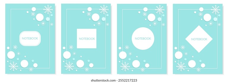 Set of cover page templates on light blue background with white snowflakes and New Year's stars.  Applicable for notebooks, planners, brochures, books, catalogs, notepads, diaries. Vector illustration