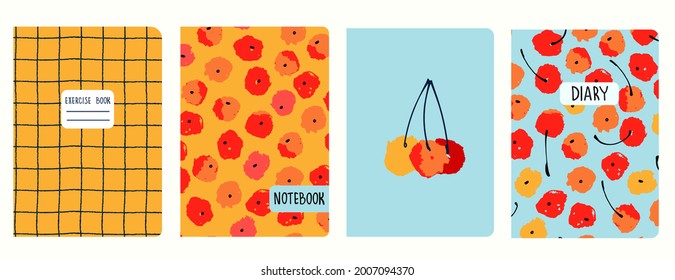 Set of cover page templates with painted cherries, hand drawn gridlines. Based on seamless patterns. Headers isolated and replaceable. Perfect for school notebooks, notepads, diaries, etc