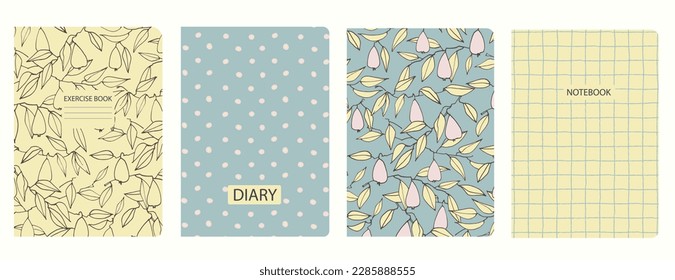 Set of cover page templates with pears, leaves, hand drawn gridlines. Based on seamless patterns. Headers isolated and replaceable. Perfect for notebooks, notepads, diaries