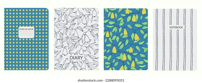Set of cover page templates with pears, leaves, hand drawn gridlines. Based on seamless patterns. Headers isolated and replaceable. Perfect for notebooks, notepads, diaries