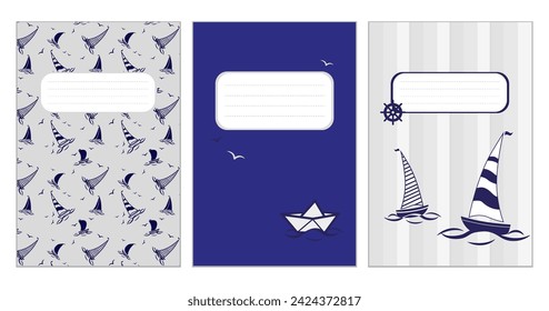 Set of cover page templates with sailboats, sea birds, waves, clouds and gingham checks. Based on seamless patterns. Headers isolated and replaceable. Perfect for school notebooks, notepads, diaries
