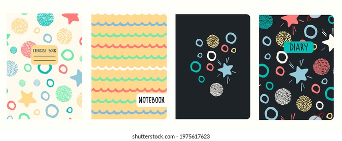 Set of cover page templates with stars, planets, wavy lines in cartoon style. Based on seamless patterns. Headers isolated and replaceable. Perfect for school notebooks, notepads, diaries, etc