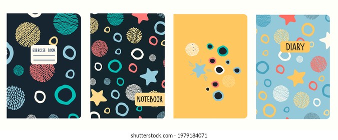 Set of cover page templates with stars, planets, celestial bodies in cartoon style. Based on seamless patterns. Headers isolated and replaceable. Perfect for school notebooks, notepads, diaries, etc