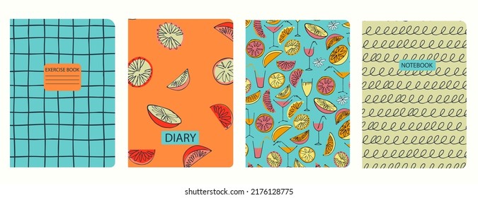 Set of cover page templates with tangerine, orange, cocktail, smoothie, juice, citrus slices. Based on seamless patterns. Headers isolated and replaceable. For notebooks, notepads, diaries, etc