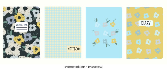Conjunto de plantillas de portada con flores de viola y cheques de gingham de moda dibujados a mano. Basado en patrones sin fisuras. Cabeceras aisladas y reemplazables. Perfecto para cuadernos escolares, notas, diarios