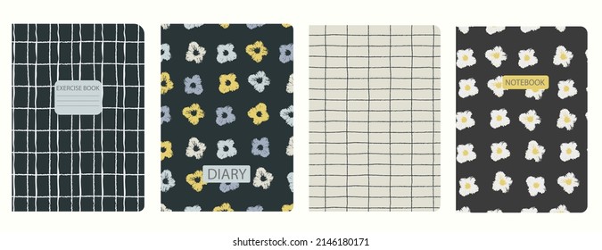 Conjunto de plantillas de portada con flores de viola. Basado en patrones sin fisuras. Cabeceras aisladas y reemplazables. Perfecto para cuadernos escolares, notas, diarios