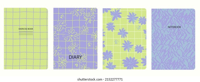 Set of cover page templates with viola flowers. Based on seamless patterns. Headers isolated and replaceable. Perfect for school notebooks, notepads, diaries