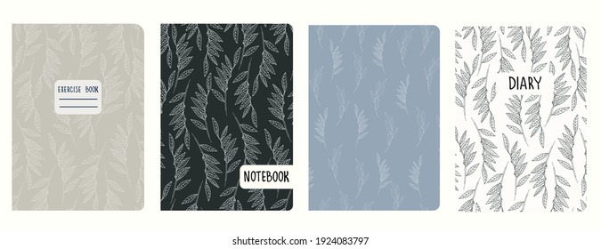 Set of cover page templates with willow tree branches and leaves. Based on seamless patterns. Headers isolated and replaceable. Perfect for school notebooks, diaries