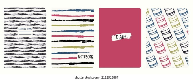 Set of cover page templatesbased on patterns with canned food and lines in the style of pop art, sketch. Pastel backgrounds for notebooks, notepads, diaries, planner. Headers isolated, replaceable