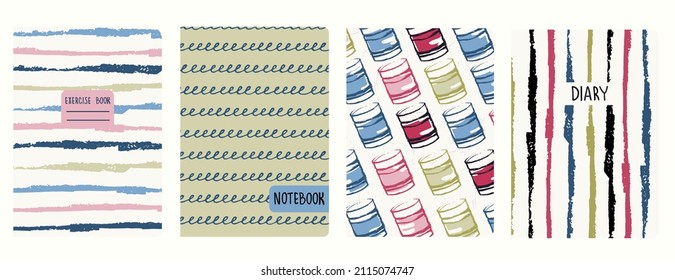 Set of cover page templatesbased on patterns with canned food and lines in the style of pop art, sketch. Pastel backgrounds for notebooks, notepads, diaries, planner. Headers isolated, replaceable