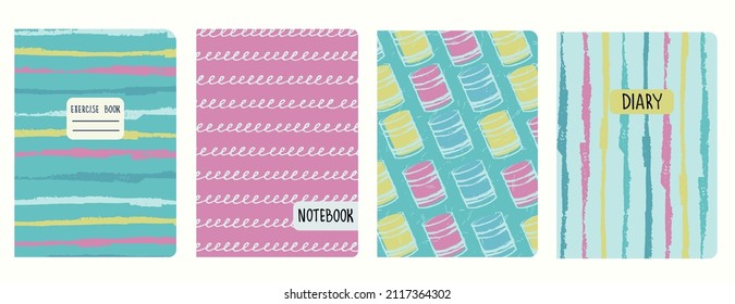 Set of cover page templatesbased on patterns with canned food and lines in the style of pop art, sketch. Pastel backgrounds for notebooks, notepads, diaries, planner. Headers isolated, replaceable