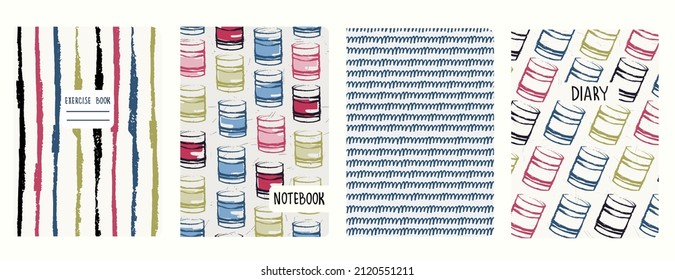 Set of cover page templatesbased on patterns with canned food and lines in the style of pop art, sketch. Pastel backgrounds for notebooks, notepads, diaries, planner. Headers isolated, replaceable