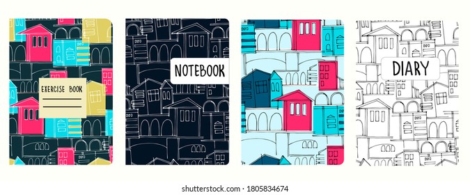 Set of cover page vector templates based on seamless patterns with cityscapes, historic buildings, archways. Perfect for exercise books, notebooks, diaries, presentations