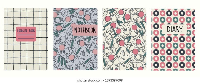Set of cover page vector templates based on floral patterns with pomegranates, plaid pattern and pattern with hand drawn rings. Perfect for exercise books, notebooks, diaries, presentations