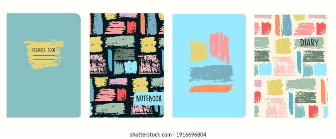 Set of cover page vector templates with multicolored paint stripes, brushstroke effect. Based on seamless patterns. Headers isolated and replaceable. Perfect for school notebooks, diaries, etc