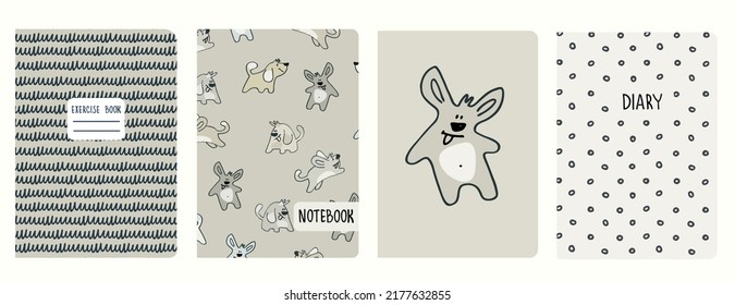 Conjunto de plantillas vectoriales de portada basadas en patrones sin fisuras con doggies. Perfecto para libros de ejercicios escolares, cuadernos, diarios para niños