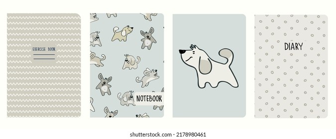 Set of cover page vector templates based on seamless patterns with doggies. Perfect for school exercise books, notebooks, kids diaries