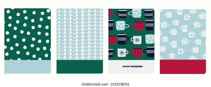 Set of cover page vector templates with hand drawn cups, hearts, polka dot pattern. Based on seamless patterns. Headers replaceable. Rustic hygge style. Perfect for school notebooks, notepads