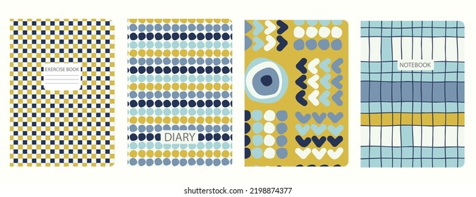 Set of cover page vector templates based on seamless patterns with bright geometric shapes. Art Deco. Perfect for exercise books, notebooks, diaries, presentations