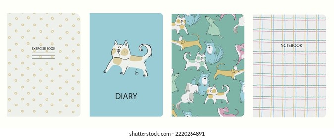 Set of cover page vector templates based on seamless patterns with doggies. Perfect for school exercise books, notebooks, kids diaries