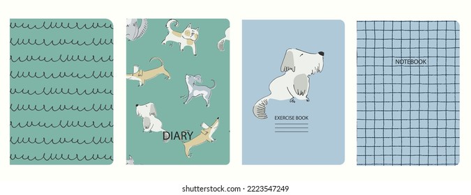 Set of cover page vector templates based on seamless patterns with doggies. Perfect for school exercise books, notebooks, kids diaries