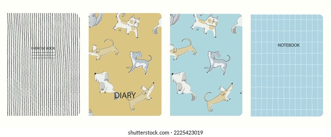 Set of cover page vector templates based on seamless patterns with doggies. Perfect for school exercise books, notebooks, kids diaries