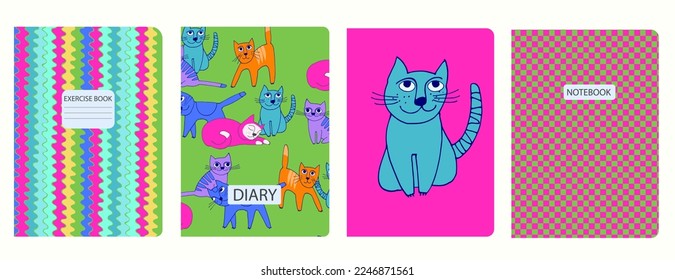 Set of cover page vector templates based on seamless patterns with cats. Perfect for school exercise books, notebooks, kids diaries