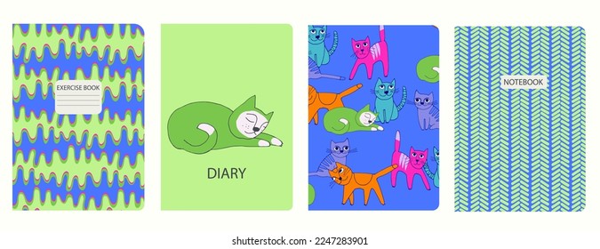 Set of cover page vector templates based on seamless patterns with cats. Perfect for school exercise books, notebooks, kids diaries