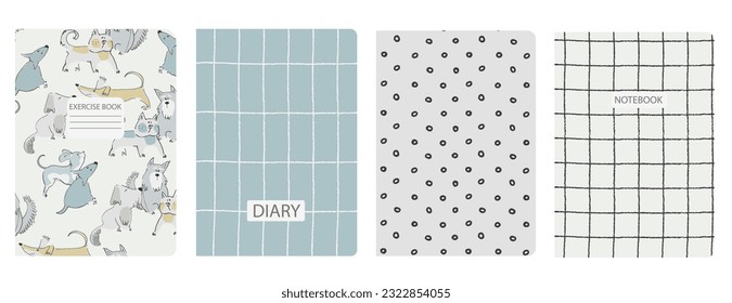 Set of cover page vector templates based on seamless patterns with doggies. Perfect for school exercise books, notebooks, kids diaries