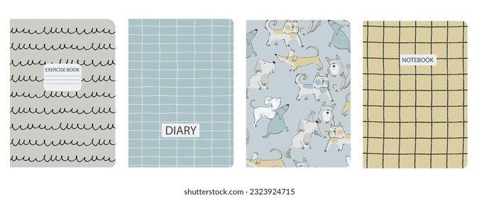Conjunto de plantillas vectoriales de portada basadas en patrones sin fisuras con doggies. Perfecto para libros de ejercicios escolares, cuadernos, diarios para niños