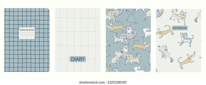 Set of cover page vector templates based on seamless patterns with doggies. Perfect for school exercise books, notebooks, kids diaries