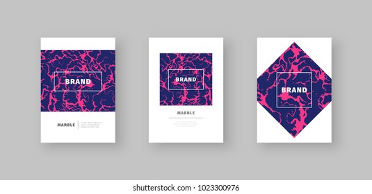 Set of cover with pink and blue marble texture. Vector eps10.