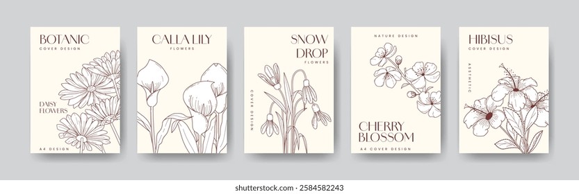 set of cover or poster cover with aestetic flowers, daisy , snowdrop, calla lilly, cherry blossom  hibiscus flower in handraw style, minimalist a4 design