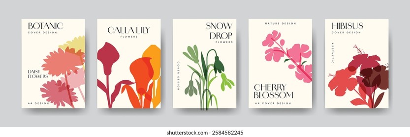 set of cover or poster cover with colorful flowers, daisy , snowdrop, calla lilly, cherry blossom  hibiscus flower in handraw style, minimalist a4 design