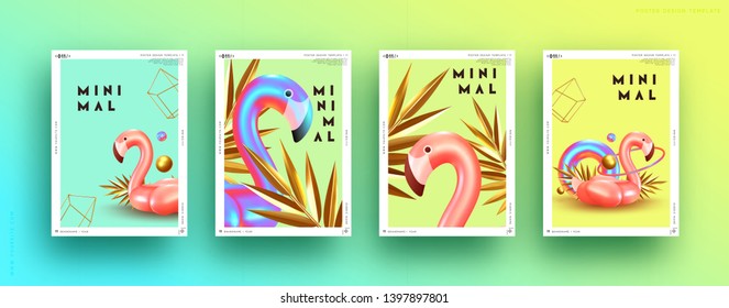 Set cover poster pink flamingo and 3d objects of different shapes, gold palm leaves, geometric volume elements. Design Minimal Abstract Background. Trendy banner, page website. party style. flyer card