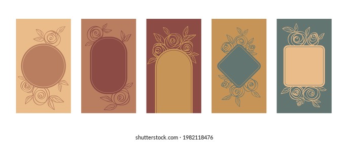Set cover with rose flowers in boho style. Floral summer poster with geometric shapes. Beige, brown,  mustard, blue background. Postcard, invitation to the wedding day. Bohemian minimalist template