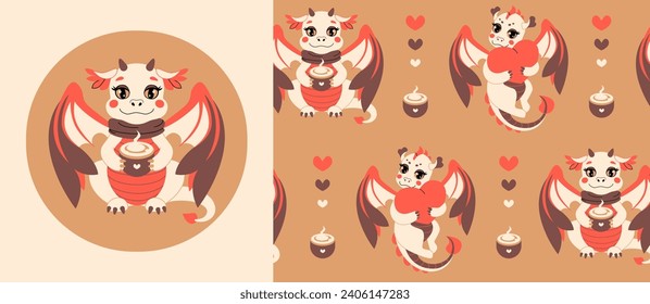 Conjunto de cobertura y patrón sin soldadura. Dragones cortos con una taza de capuchino y corazón sobre fondo marrón. Ilustración vectorial al estilo de las caricaturas planas. Impresión de guardería para prendas de vestir para niños, diseño de camisetas