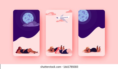 Set cover of social media stories design templates. Relax Girls Backgrounds. Vertical poster, outdoor recreation under the night sky and moon banner. Vector illustration