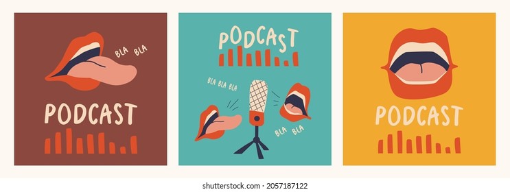 Set of cover template for podcast show or channel. Open speaking mouth with red lips, studio microphone, equalizer. Trend vector design.