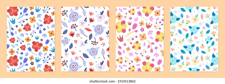 Set of cover templates with beautiful flowers. Colorful artistic rustic backgrounds with floral decorations. Designs is for notebook, planner, diary, poster, card. Size A4. Vector illustration, eps10