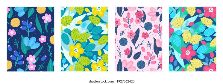 Conjunto de plantillas de portada con hermosas flores. Coloridos fondos artísticos con decoración floral. Los diseños de primavera son para portátiles, planificadores, diarios, afiches, tarjetas, libros. Ilustración vectorial, eps10