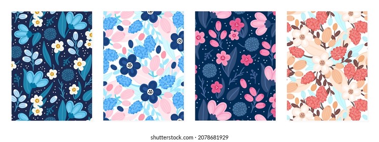 Set of cover templates with beautiful flowers. Colorful artistic backgrounds with floral decorations. Spring designs is for notebook, planner, diary, poster, card, book. Vector illustration, eps10