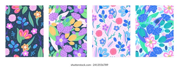 Set of cover templates with beautiful flowers. Colorful artistic backgrounds with floral decorations. Spring designs is for notebook, planner, diary, poster, card, book. Vector illustration