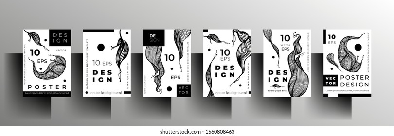 Set of cover templates for book, brochure, magazine, catalog, poster. Black and white design with hand-drawn elements. A4 format. Vector 10 EPS.