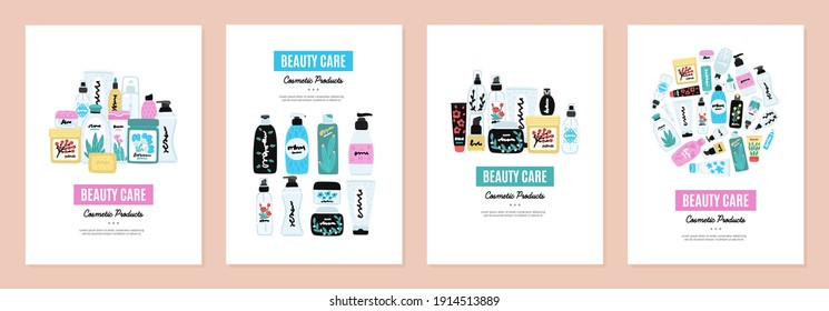 Set of cover templates with colorful cosmetic products. Backgrounds with natural cosmetics. Beauty care. Designs is for notebook, planner, diary, poster, card. Size A4. Vector illustration