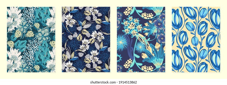 Set of cover templates with creative sloppy flowers. Blue and yellow artistic backgrounds with floral decorations. Designs is for notebook, planner, diary, poster, card. Size A4. Vector illustration