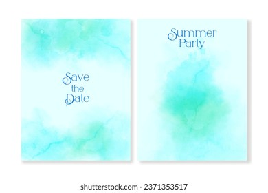Set of cover templates with delicate watercolor backgrounds in blue and green. For wedding invitations, parties, greeting cards, covers, posters, branding, social media and more.